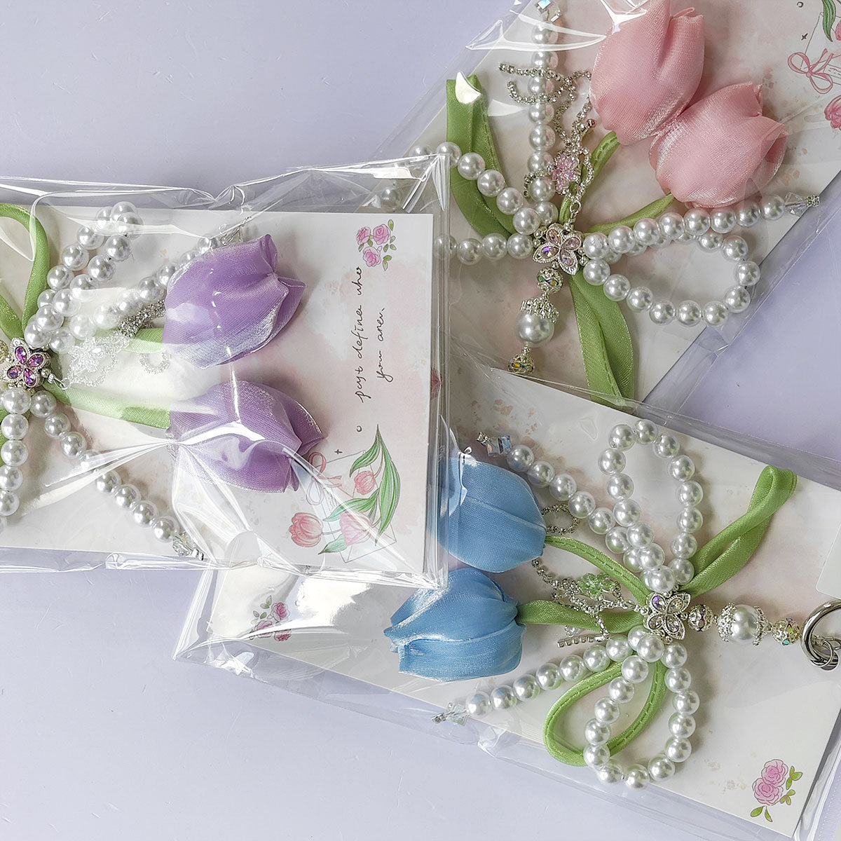 China rose Series Tulips Faux Pearls Bows Bags Pendants Fresh And Simple Flowers Mobile Phone Accessories For Women