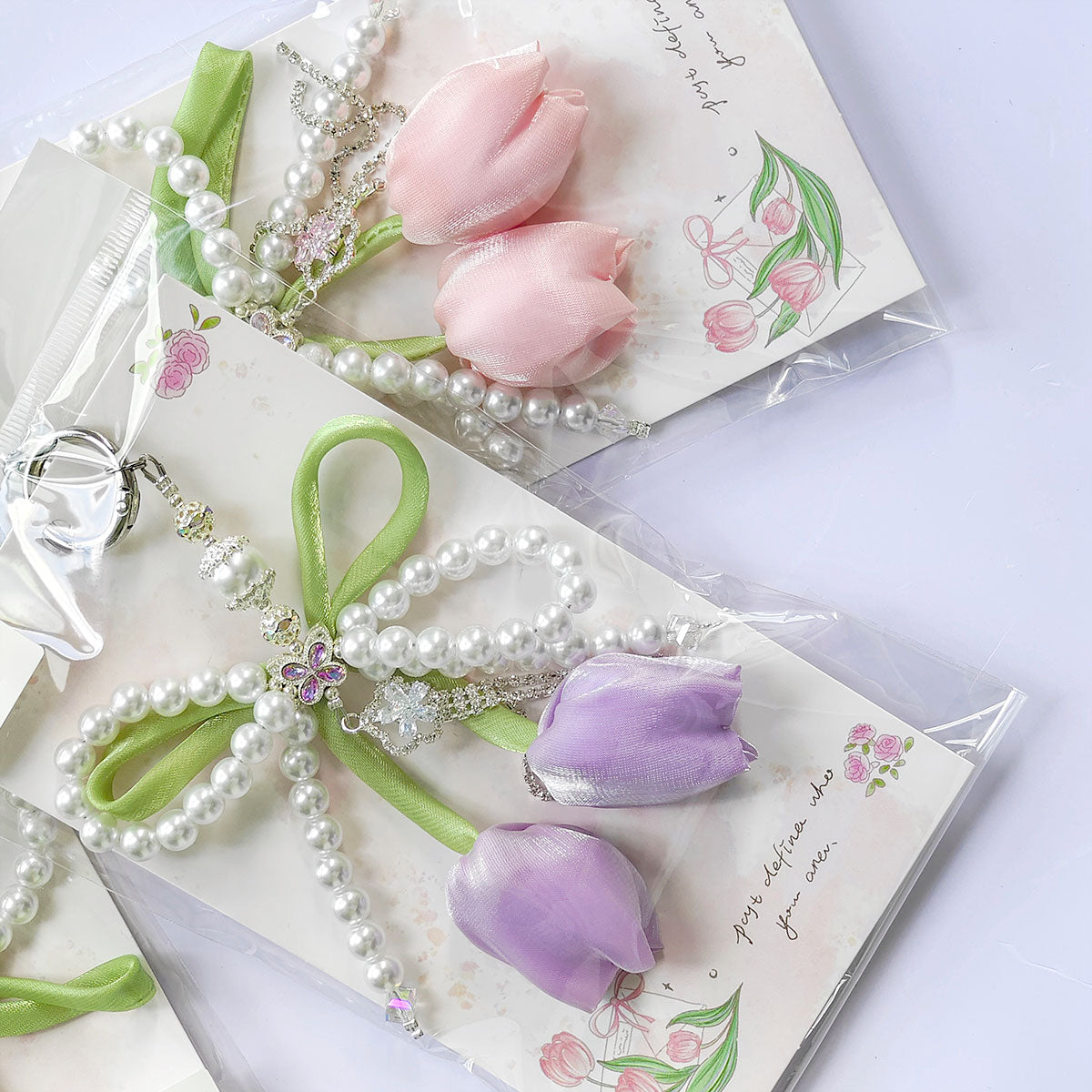China rose Series Tulips Faux Pearls Bows Bags Pendants Fresh And Simple Flowers Mobile Phone Accessories For Women