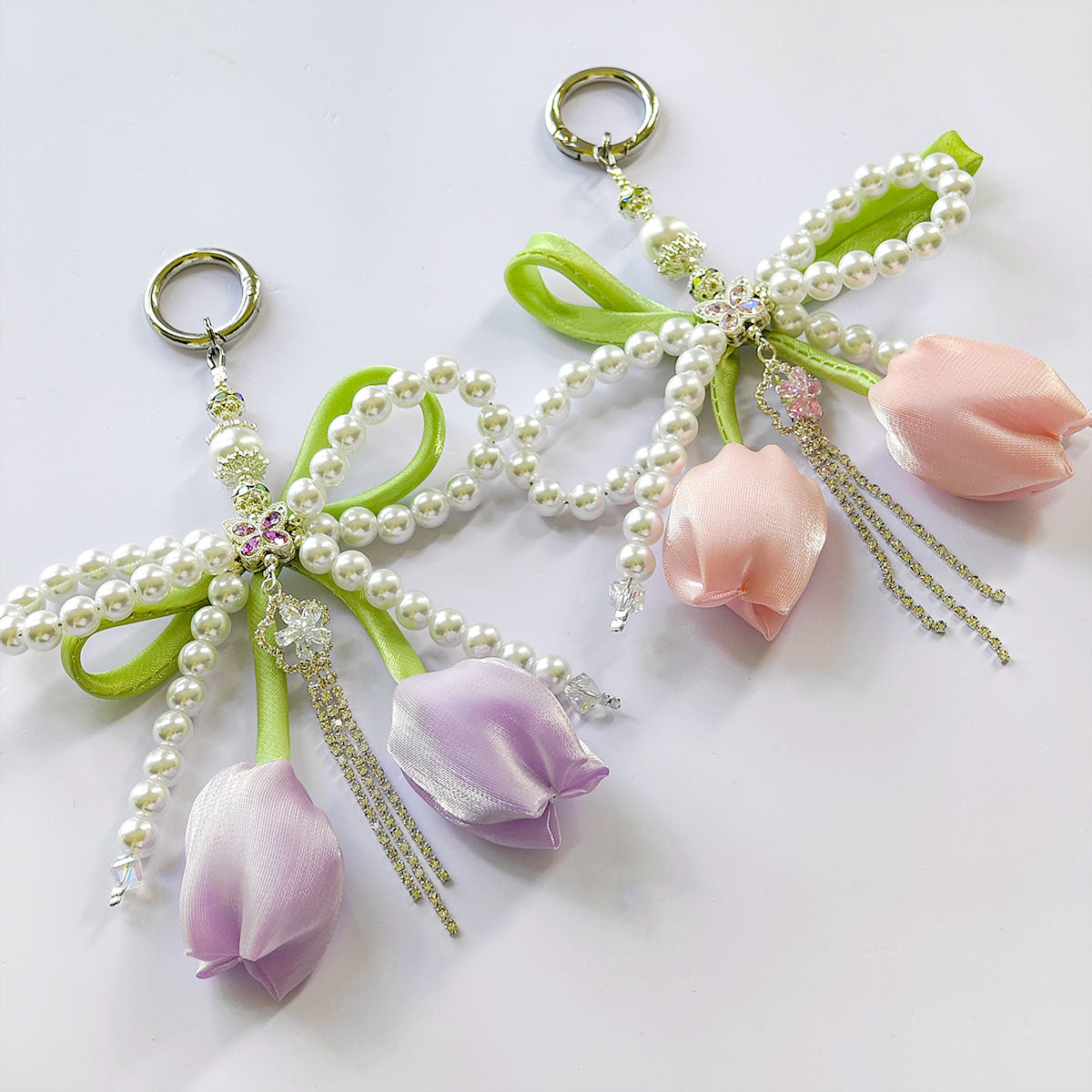 China rose Series Tulips Faux Pearls Bows Bags Pendants Fresh And Simple Flowers Mobile Phone Accessories For Women