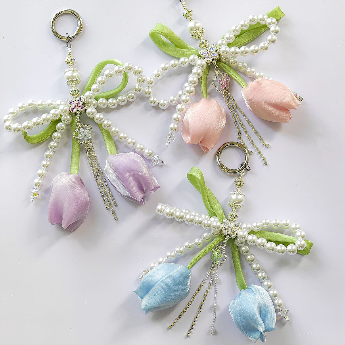 China rose Series Tulips Faux Pearls Bows Bags Pendants Fresh And Simple Flowers Mobile Phone Accessories For Women