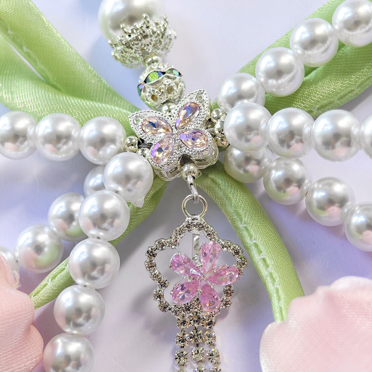 China rose Series Tulips Faux Pearls Bows Bags Pendants Fresh And Simple Flowers Mobile Phone Accessories For Women